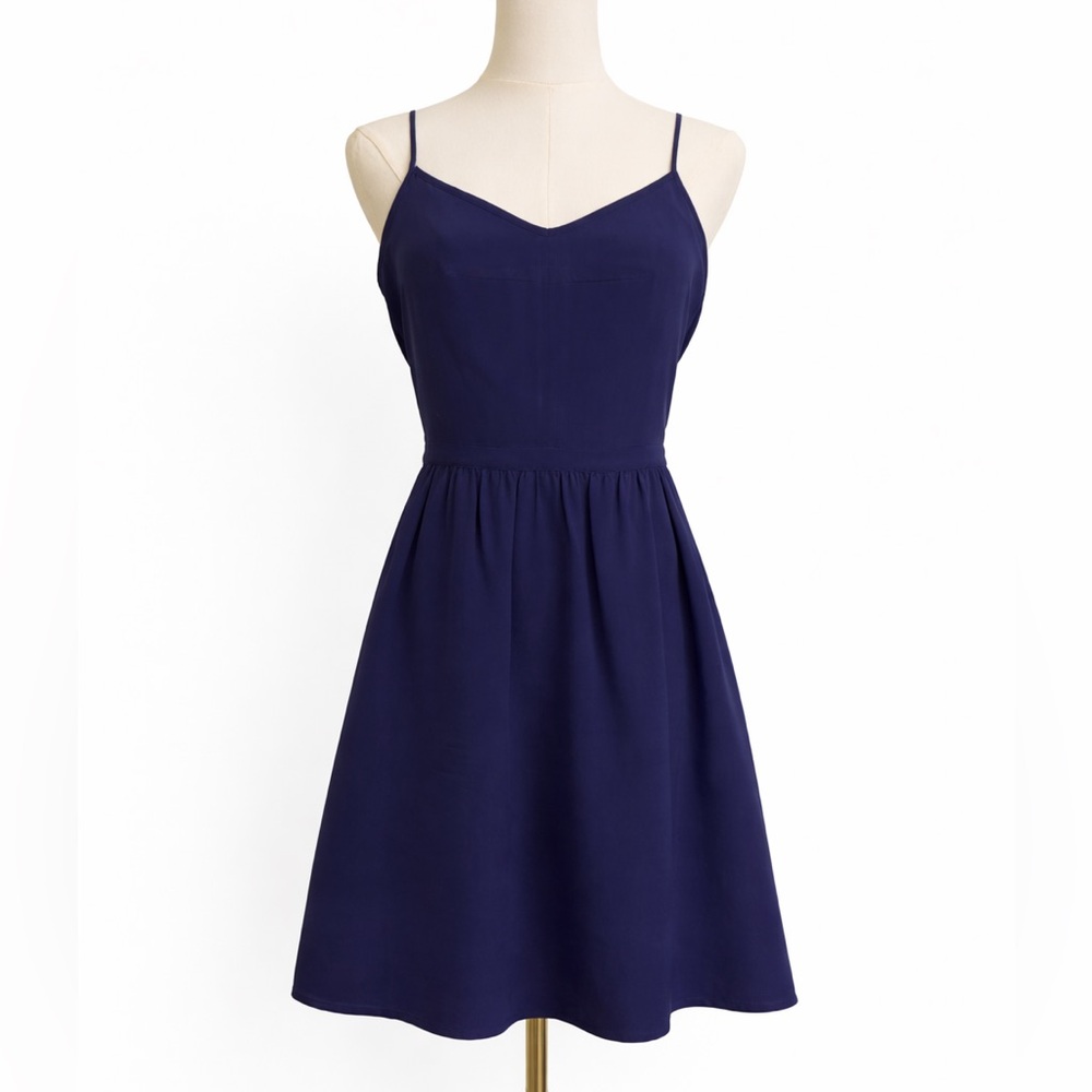 Madewell Silk Navy Blue Fit & Flare Dress Size 6 Pockets With Pockets